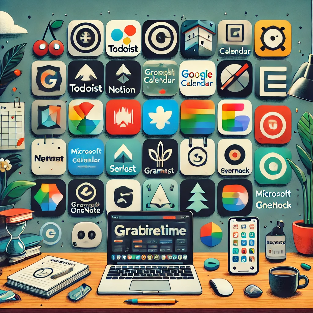 DALL·E 2024-10-28 23.30.01 - An engaging and visually appealing collage of productivity-related mobile apps for a blog post. The image should feature icons or screenshots of popul