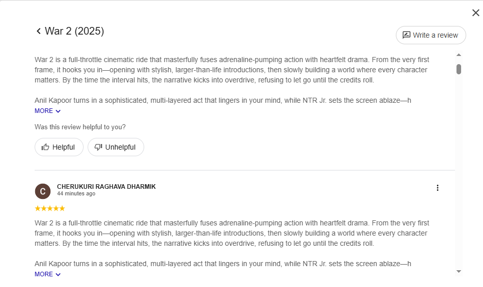 Google review screenshot of War 2 movie audience reaction