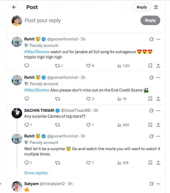 Screenshot of Twitter user reviews for War 2 (2025) featuring audience reactions, praising Jr NTR’s performance and discussing Hrithik Roshan’s role